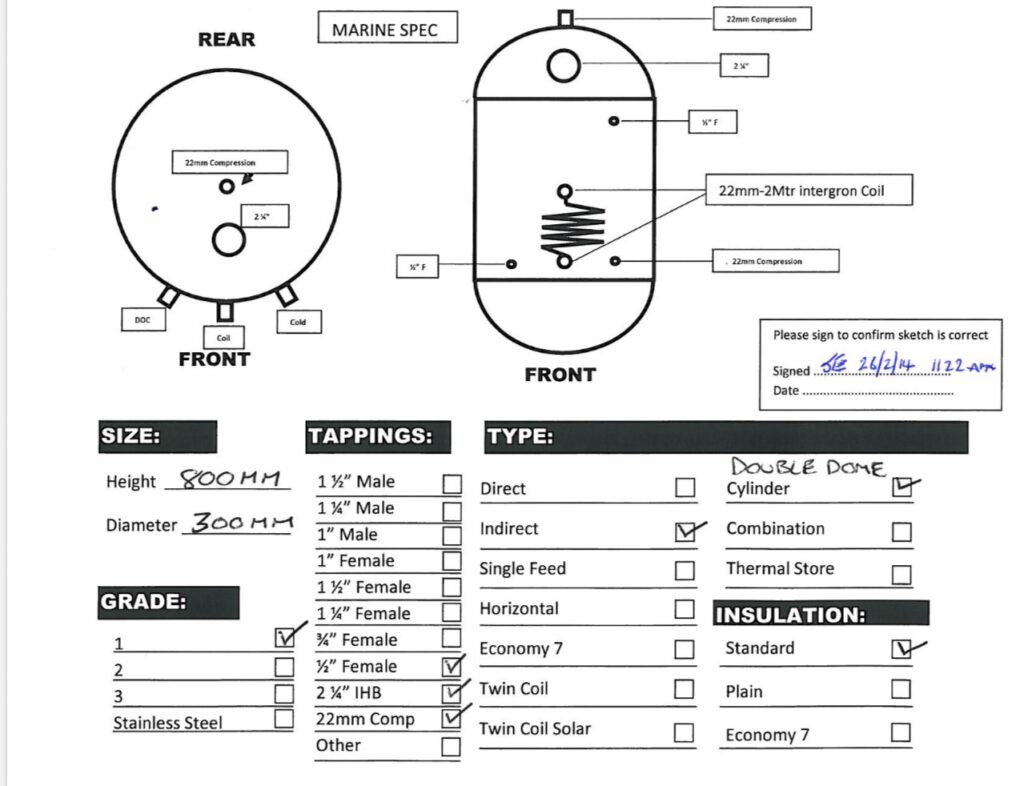 800 x 300 copper single coil marine calorifier 110mm centres on coil