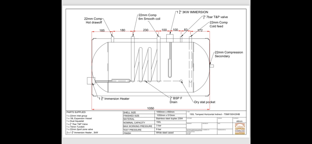 Telford Horizontal Unvented Cylinder d moore Inc kw postcode delivery